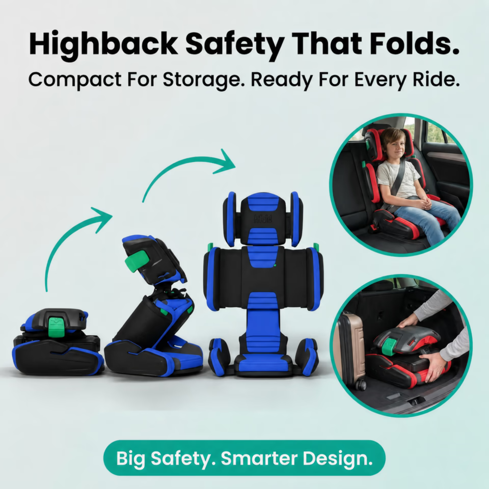 Hifold in Ocean Blue: high-back safety system shown folded for compact transport