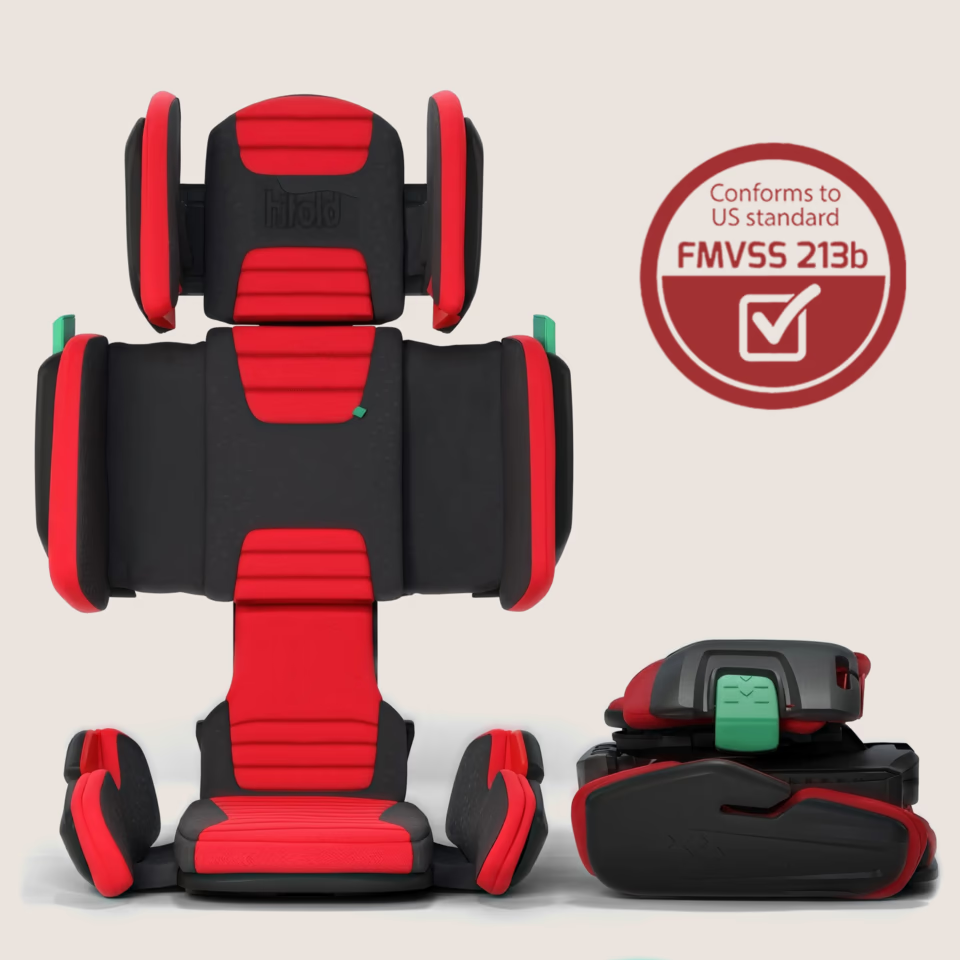 Hifold in Red: folded and expanded high-back booster with its FMVSS 213b safety badge