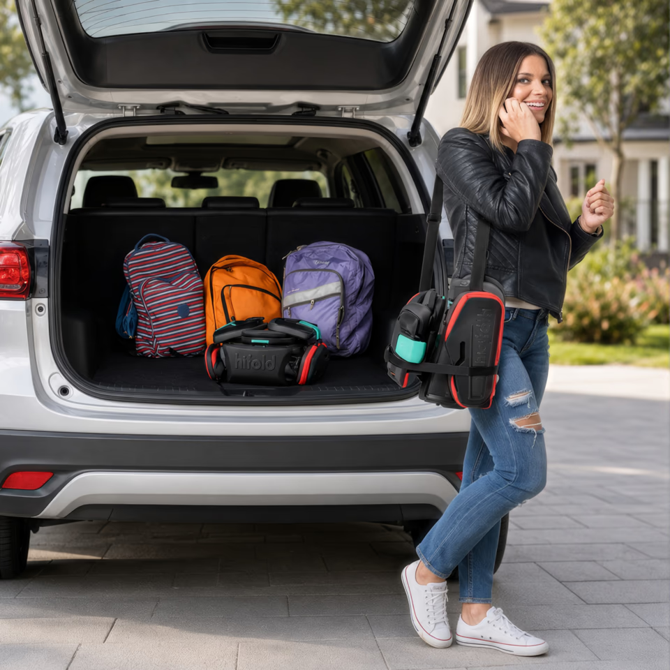 Hifold in Slate Gray: folded Hifold booster stored in a car trunk for travel