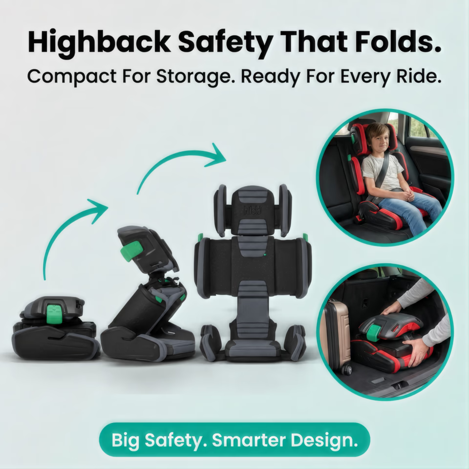 Hifold in Slate Gray: high-back safety system shown folded for compact transport