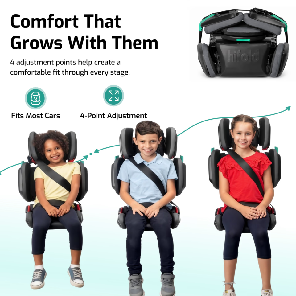 Hifold in Slate Gray: supportive seat details showing comfort that grows with the child