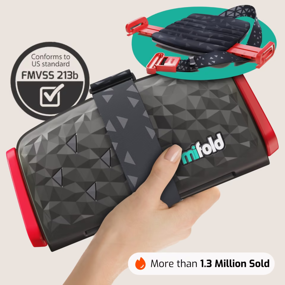 Mifold Comfort in Charcoal Gray: folded booster held in one hand with its FMVSS 213b safety badge and 1.3 million sold proof