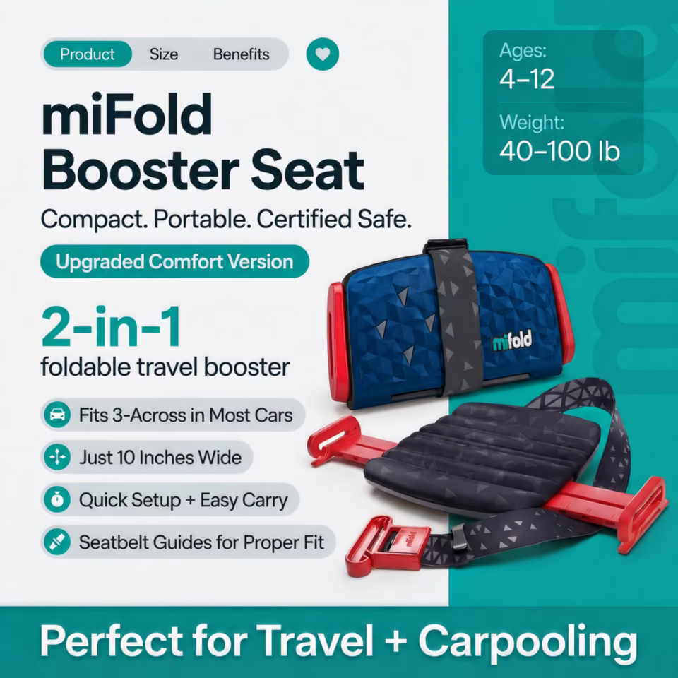 Mifold Comfort in Ocean Blue: folded and open booster with travel, fit, and child-size specifications