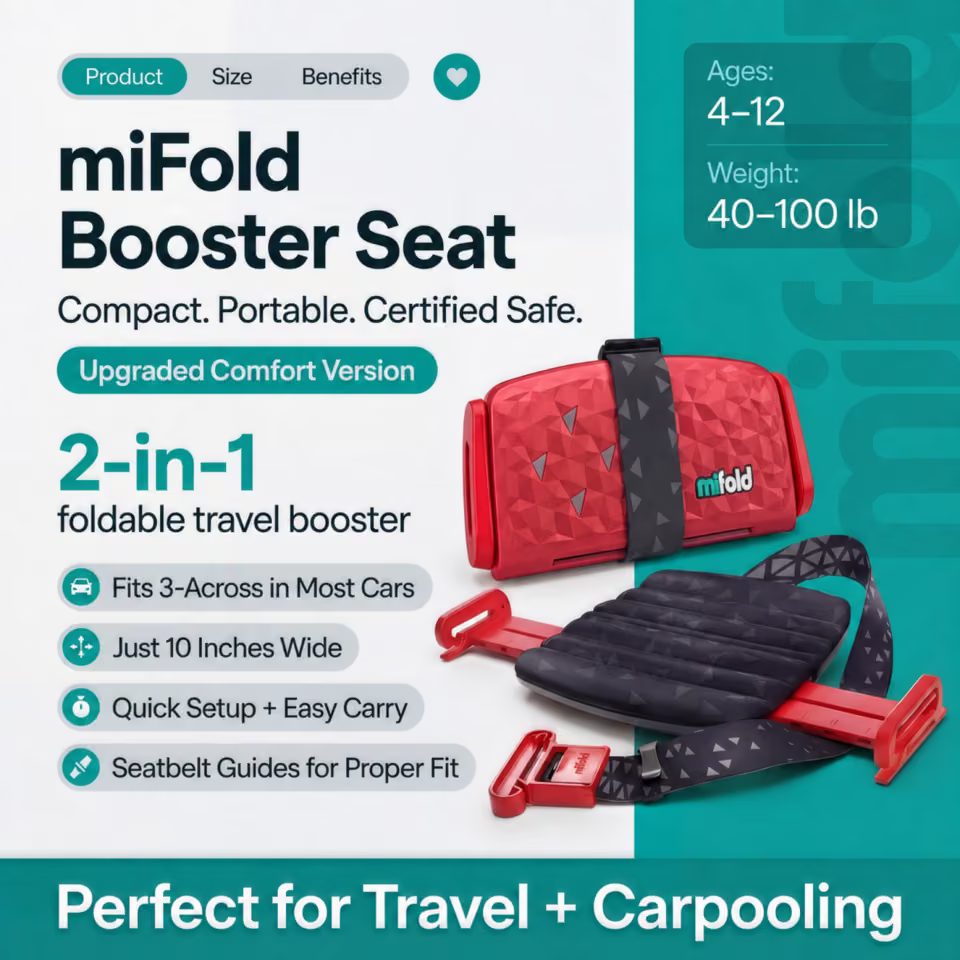 Mifold Comfort in Racing Red: folded and open booster with travel, fit, and child-size specifications