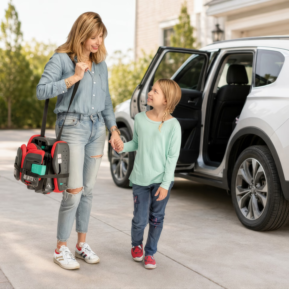 Hifold in Slate Gray: family carrying the folded Hifold booster beside a car