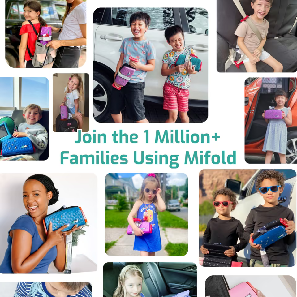 Mifold Comfort in Ocean Blue: customer collage showing families carrying and using the compact booster