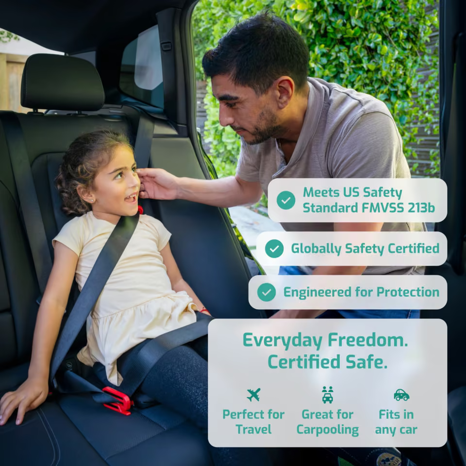 Mifold Comfort in Charcoal Gray: child riding in a car with safety, certification, travel, carpool, and fit messaging