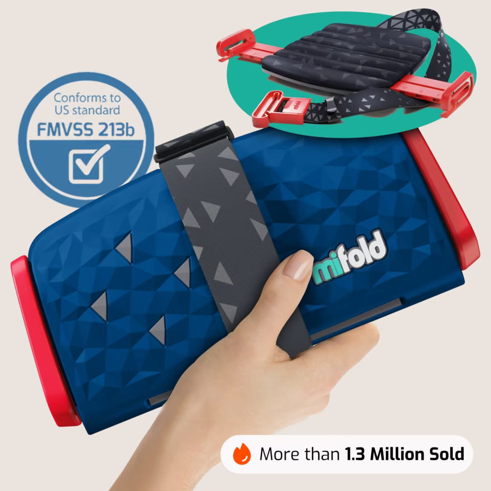 Mifold Comfort in Ocean Blue: folded booster held in one hand with its FMVSS 213b safety badge and 1.3 million sold proof