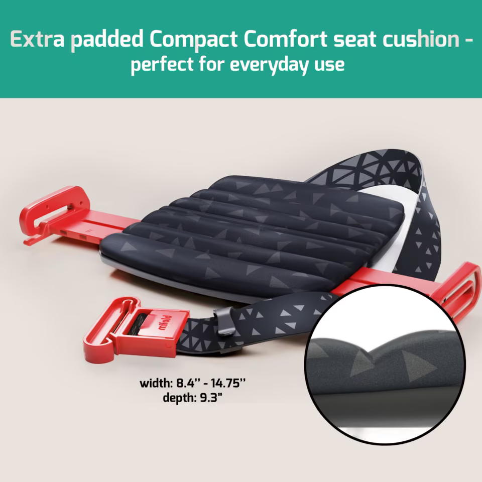 Mifold Comfort in Ocean Blue: open booster with width, depth, padding, and comfort details