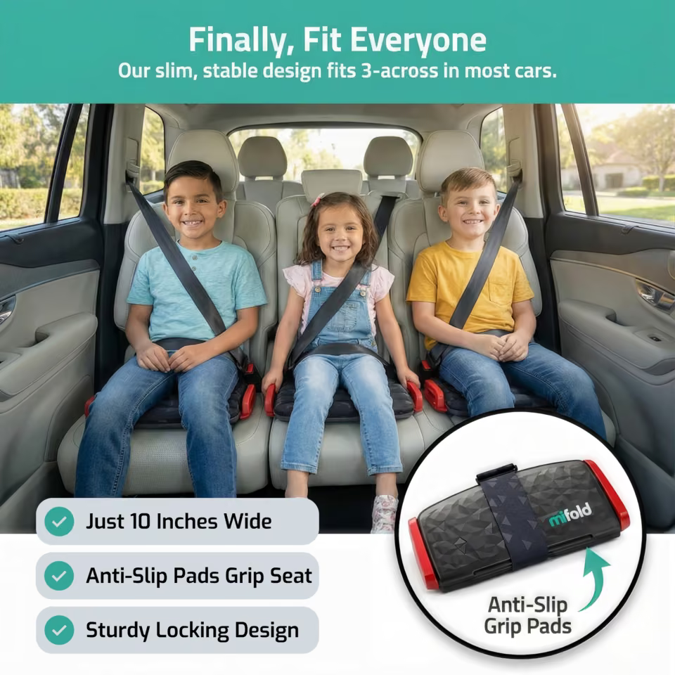Mifold Comfort in Ocean Blue: three children seated across one car row